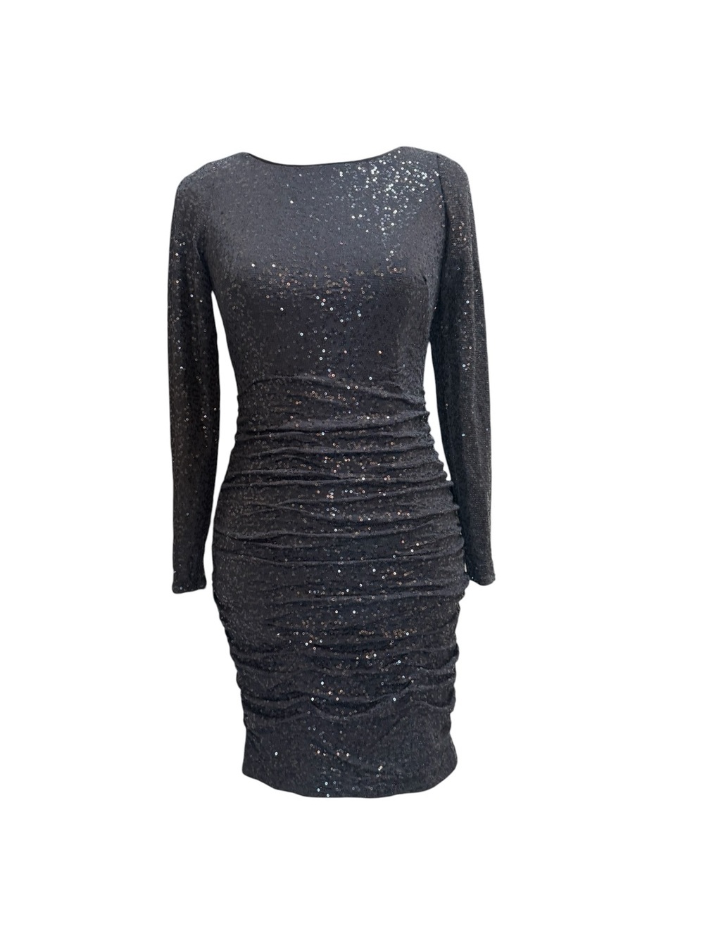 Aidan Mattox Black Sequin Ruched Long Sleeve Mini Dress Cocktail Size 2